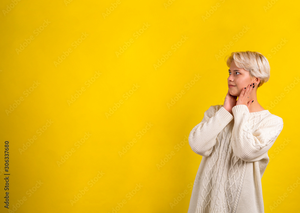 Portrait with wide copy space of girl with big eyes shocked by the promotion. Wow effect. Space for billboard text advertisement Portrait with wide copy space of girl with big eyes shocked by the promotion. Wow effect. Space for billboard text advertisement