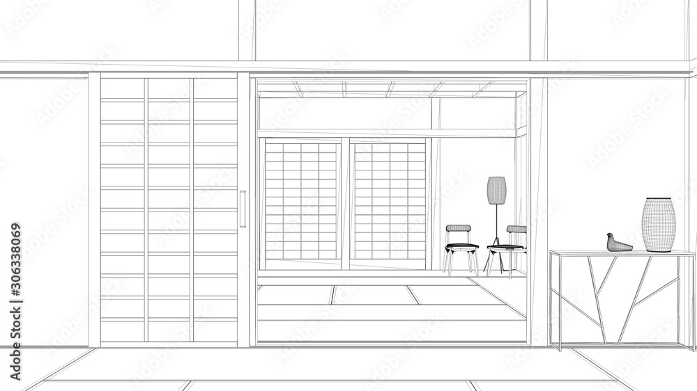 Blueprint project draft, empty open space with mats tatami and futon floor, wooden roof, chinese paper doors, chairs with lamps, lounge room, window with zen garden, meditation Blueprint project draft, empty open space with mats tatami and futon floor, wooden roof, chinese paper doors, chairs with lamps, lounge room, window with zen garden, meditation