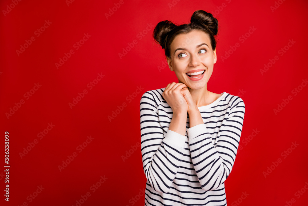 Portrait of peaceful positive teen girl dream wish get gift feel thankful look copy space wear good looking white outfit isolated over red color background Portrait of peaceful positive teen girl dream wish get gift feel thankful look copy space wear good looking white outfit isolated over red color background