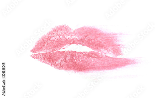 smudged print parted lips in lipstick isolated on white background
