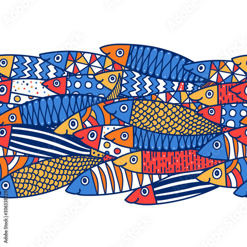 Vector seamless horizontal border with fish.