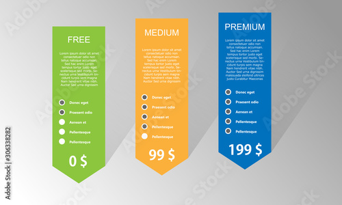 Three part of Product and services icons with prices and options for your needs.