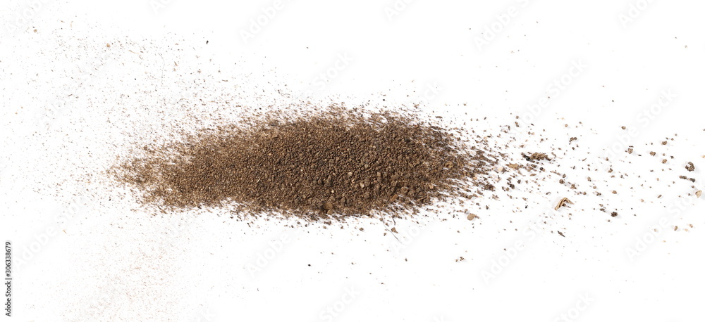 Dirt, soil isolated on white background, top view