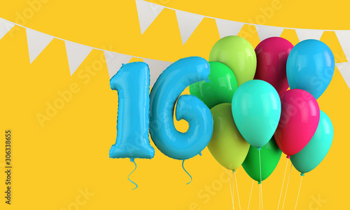 Happy 16th birthday colorful party balloons and bunting. 3D Render photo