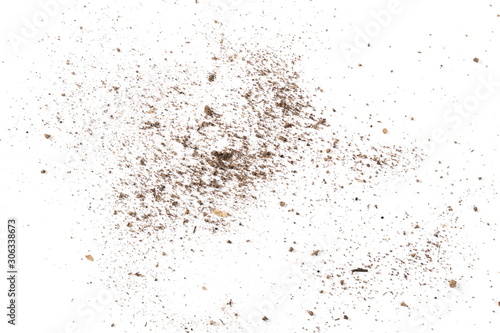 Dirt, soil dust isolated on white background, top view