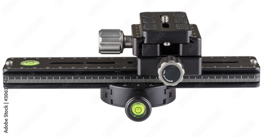 A set of macro rails and tripod sites that can be used to shoot panoramas and rotate the camera around a nodal point, on a white background.