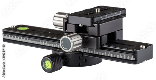 A set of macro rails and tripod sites that can be used to shoot panoramas and rotate the camera around a nodal point, on a white background.