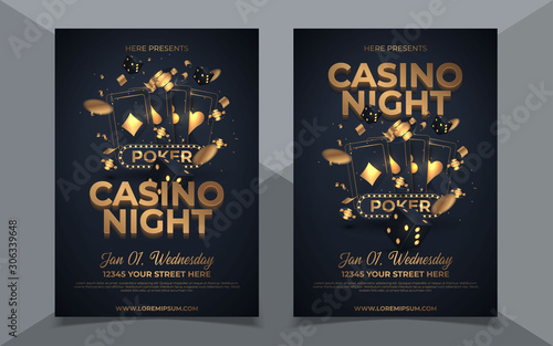 Murais de parede Casino night party template design with casino element on shiny black background and venue details
