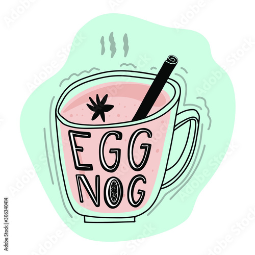 Egg nog - Christmas drink. Homemade food. Winter alcohol drink of egg-nog with cinnamon stick on holiday background. Happy new Year. Vector Illustration.