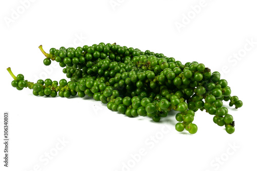 Fresh green pepper.(Piper nigrum Linn) Piperaceae or Peppercorns isolated on white background.food ingredient