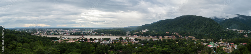 A panoramic view of Rishikesh from the top of Bhootnath Temple in Rishikesh, India