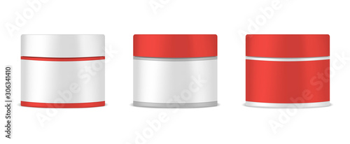 Round jar with screw cap and blank label, vector mockup set. Cosmetic or medical product package, mock-up