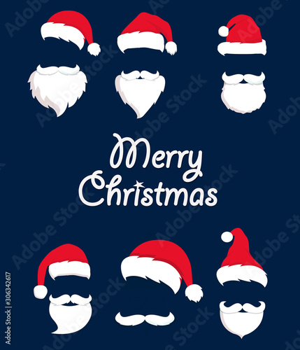 Santa Claus hat and beard. Red Merry Christmas Card Illustration