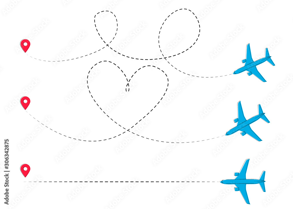 Fototapeta Airplane flying and trace a blue dashed trace line on a world map. Travel concept illustration in vector. Flat design.