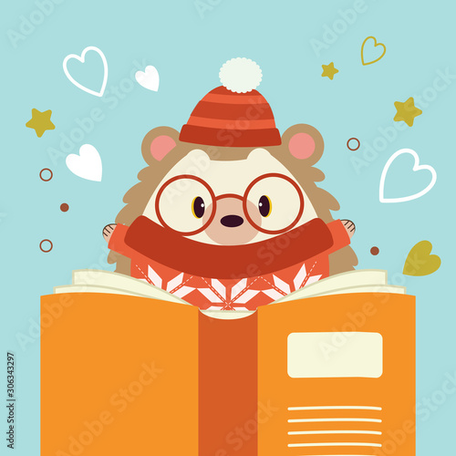 The character of cute hedgehog reading a big book on the blue background and pattern of star and heart. The cute hedgehog wear a winter hat and glasses and sweater. The hedgehog in flat vector style.