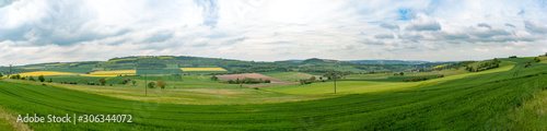 Day natural videangle view at German pastures and cornfields under blue cloudy skies spring time 36 mp stitched panorama