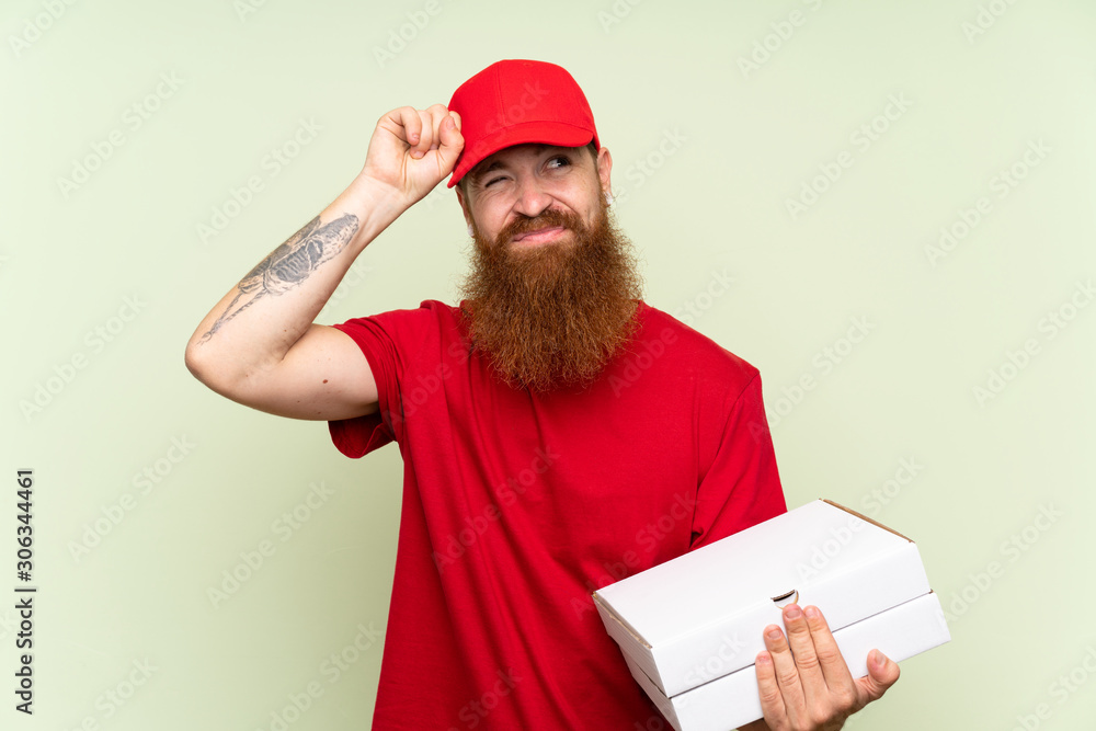 Delivery man with long beard over isolated green background having doubts and with confuse face expression Delivery man with long beard over isolated green background having doubts and with confuse face expression