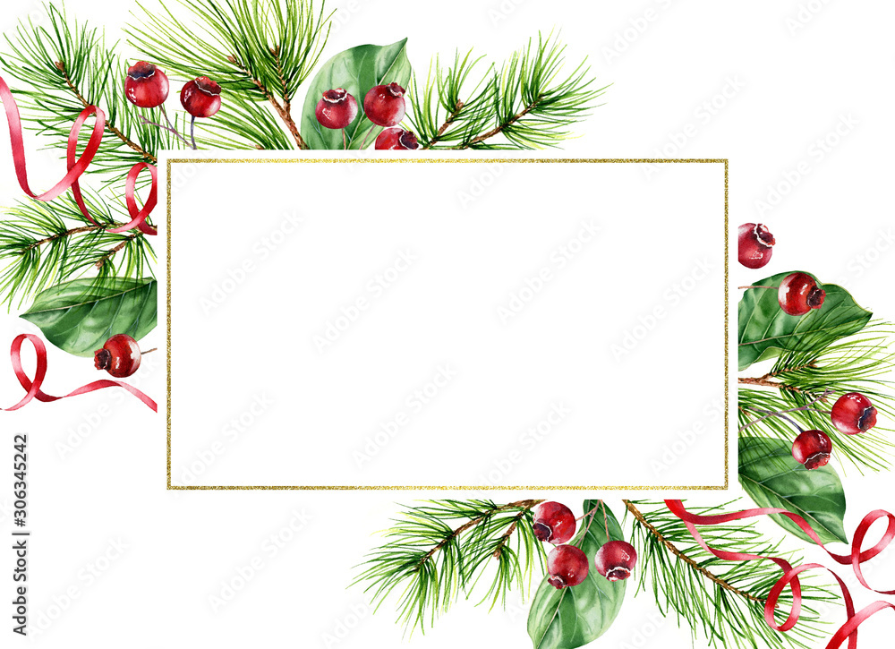Christmas card background with pine branches, red berries and place for text. Watercolor illustration with frame and golden glitter for winter holidays invitations, calendars. Christmas card background with pine branches, red berries and place for text. Watercolor illustration with frame and golden glitter for winter holidays invitations, calendars.