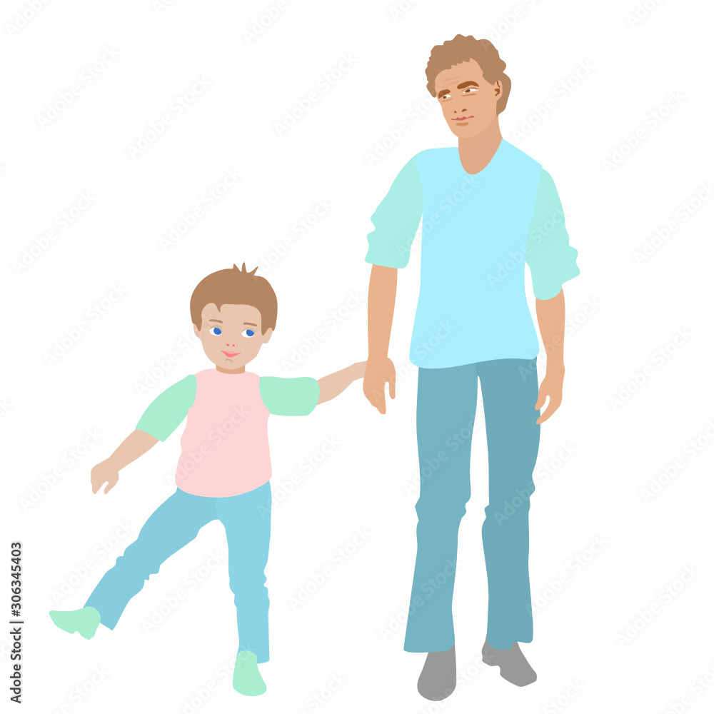 son pulls father's hand to follow him on a walk, color flat clip art on a white isolated background son pulls father's hand to follow him on a walk, color flat clip art on a white isolated background