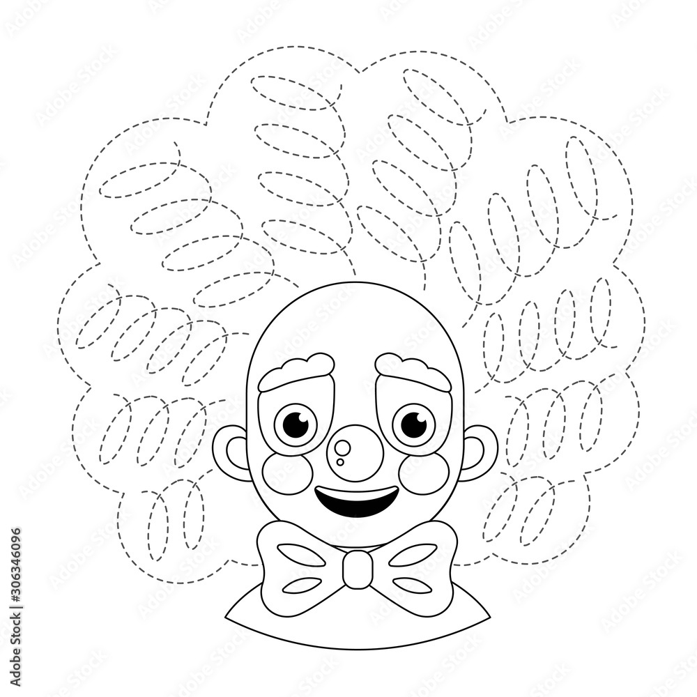 Handwriting practice sheet. Basic writing. Educational game for children. Draw clown hair. Handwriting practice sheet. Basic writing. Educational game for children. Draw clown hair.