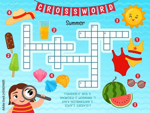 Educational game for kids. Crossword Summer. Kids activity sheet, 