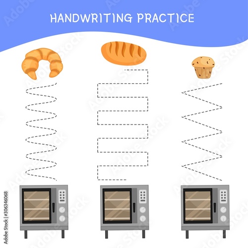 Handwriting practice sheet. Basic writing. Educational game for children. Cartoon Bakery.