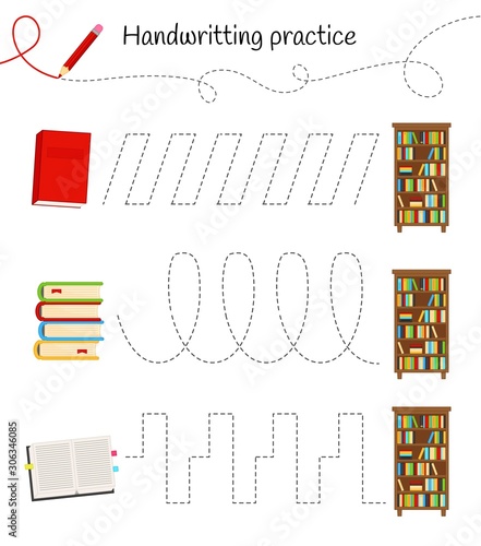 Handwriting practice sheet. Basic writing. Educational game for children. Put books in a bookcase.