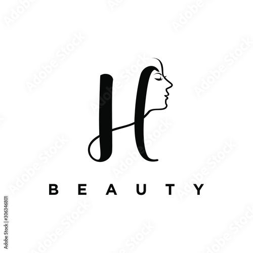 Elegant minimalist beauty logo featuring a stylized letter “H” integrated with a delicate female face profile, designed in clean black lines on a white background.
