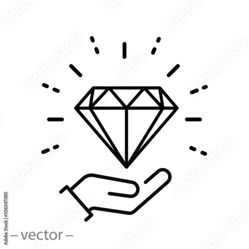 diamond gem in hand icon, luxury crystal or brilliant, outline jewel, thin line web symbol on white background - editable stroke vector illustration eps10