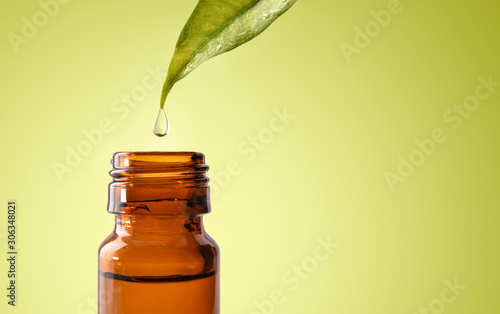 Leaf and drop of natural medicine falling into jar isolated photo