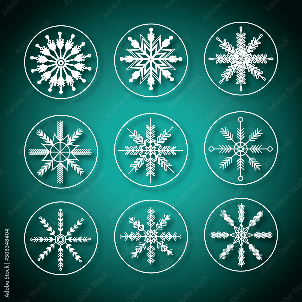 White snowflakes on dark green background White snowflakes on dark green background