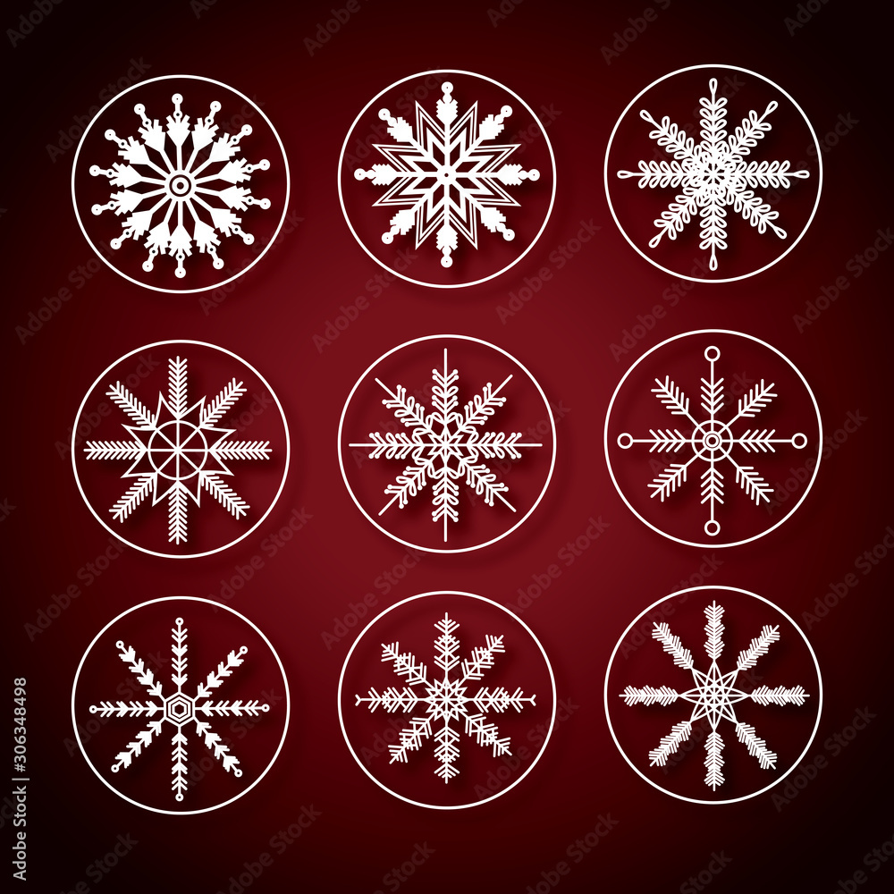 White snowflakes set on dark red background White snowflakes set on dark red background