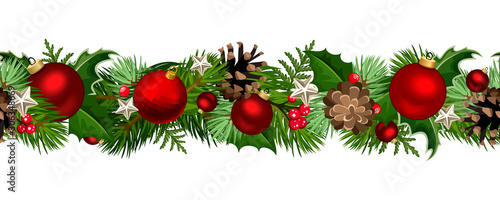 Vector Christmas horizontal seamless garland with fir-tree branches, red balls, holly and pinecones.