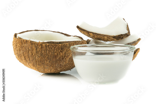 Coconut or Coconut pieces isolated on white background. Pure Coconut oil from Tropical fruit
