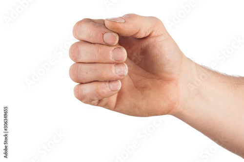 Fotografie Dirty and neglected hand and damaged and overgrown nails of an adult male, isolated on a white background