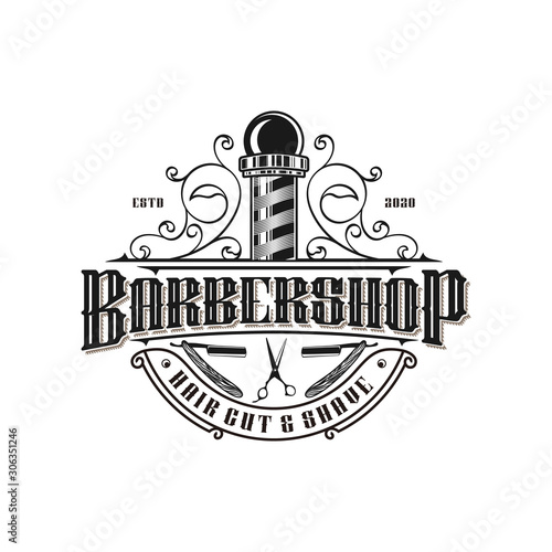 Barbershop logo vintage classic style, salon fashion haircut pomade badge icon simple minimalist modern, barber pole razor shave scissor razor blade retro sumbol vector. luxury elegant design.