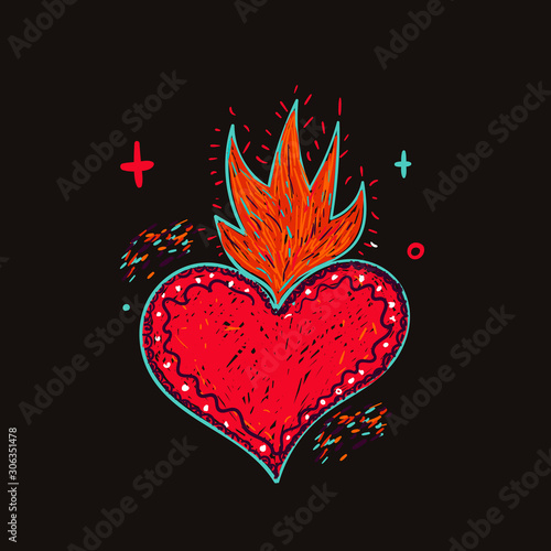 Mexican heart tattoo on dark background, sacred hipster vector design, abstract sign