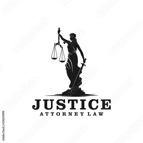 Lady Justice, justitia goddess logo for attorney and law simple clean minimalist modern silhouette statue black icon design.