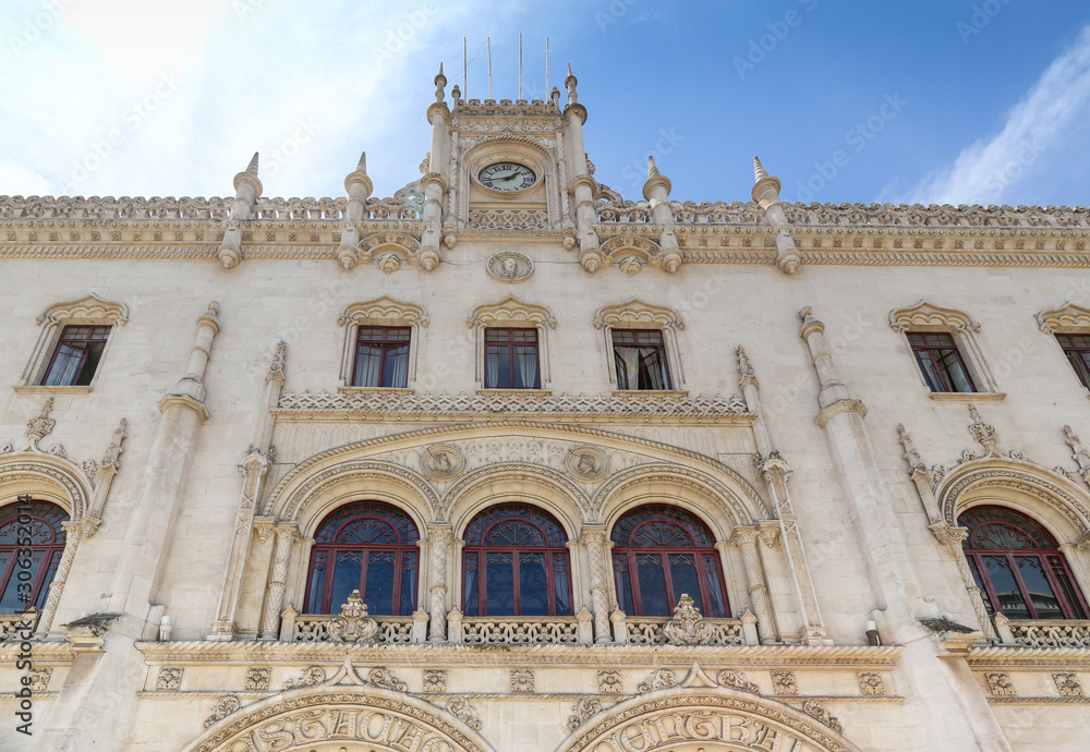 Facade detail of ornate building in Lisbon, Portugal