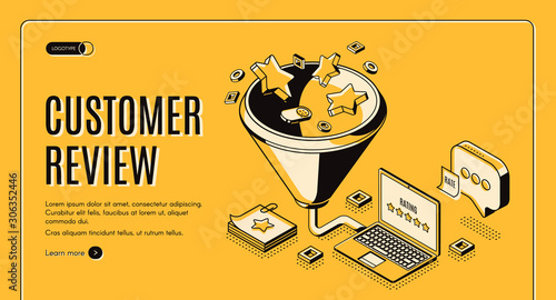 Customer review isometric landing page. Feedback and rating stars falling into huge funnel and displaying on laptop screen. Clients satisfaction best result 3d vector line art illustration, web banner