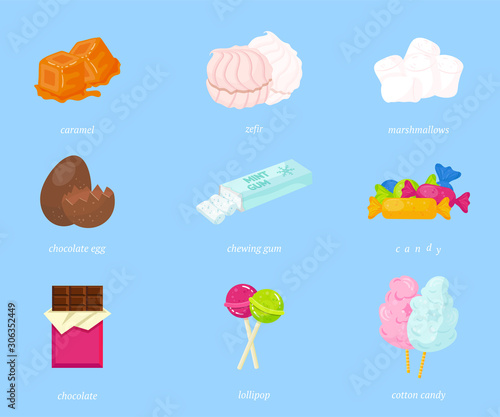Delicious candies flat vector illustrations set