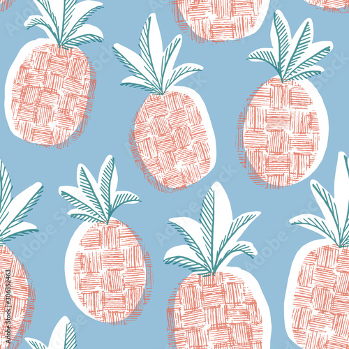Vector seamless pattern with hand-drawn pineapples. Textured grunge design of fruit great for kitchen decor and textile.
