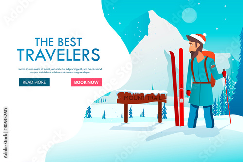 A man walks alone in the mountains. Adventure trip. Ziny vacation. Around the world. Cartoon style. Vector Illustration EPS10