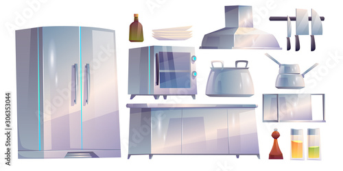 Kitchen restaurant appliances and furniture set. Table, oven, range hood, refrigerator metal utensil isolated on white background. Equipment for cooking, clip art elements. Cartoon vector illustration