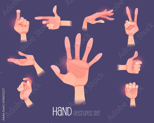 Hand gestures set. Human palm open and close gesturing positions point direction, show thumb up, victory sign, holding thing, giving for kiss isolated on purple background. Cartoon vector illustration