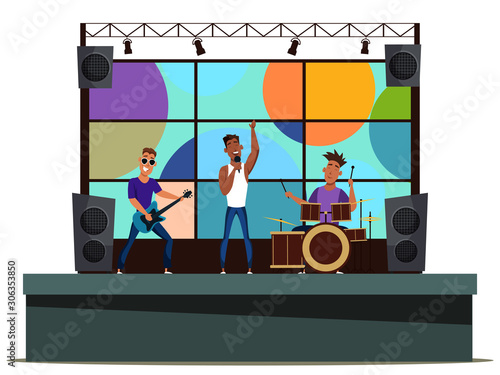 Singer, guitarist, drummer performing on stage