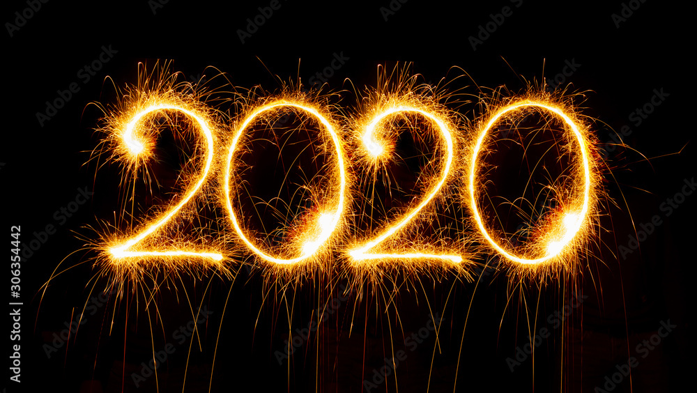 Happy New Year - 2020 with sparklers on black background