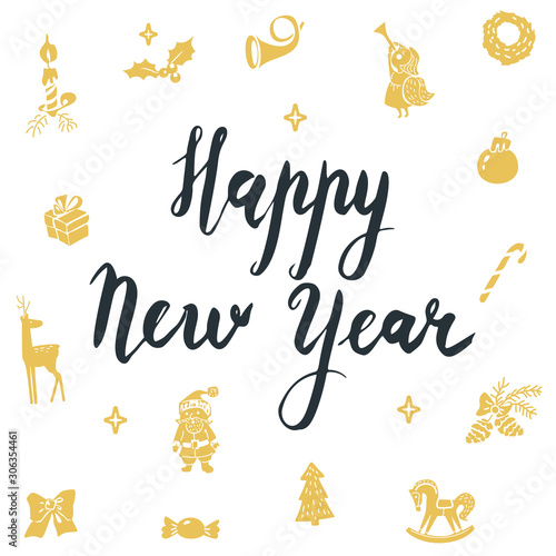 Happy New Year calligraphic lettering and New year icons