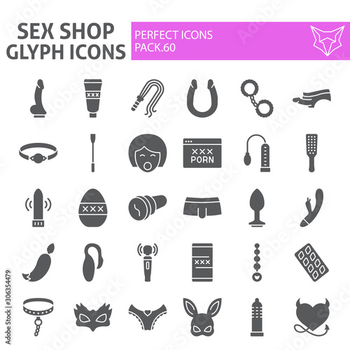 Sex shop glyph icon set, sex toys symbols collection, vector sketches, logo illustrations, sex shop signs solid pictograms package isolated on white background, eps 10.