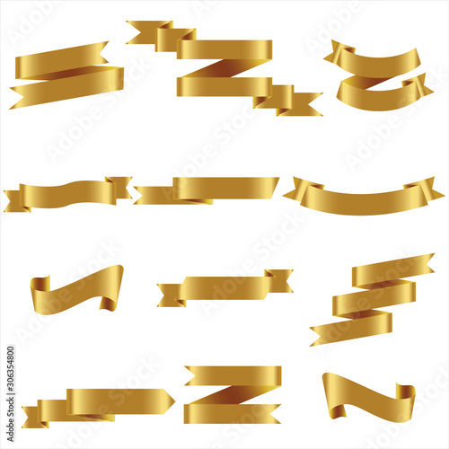 Gold Ribbon Set In Isolated For Celebration Banner White Background, Vector Illustration